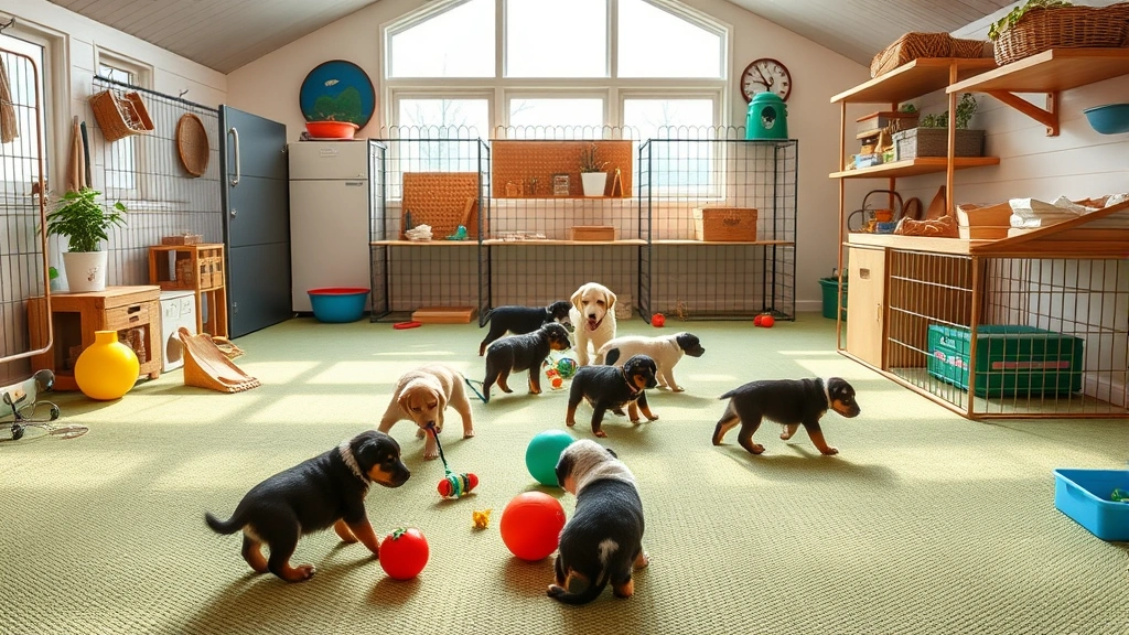 Professional breeder facility with clean indoor puppy play area, puppies interacting with toys and socialization materials, natural lighting, warm home environment