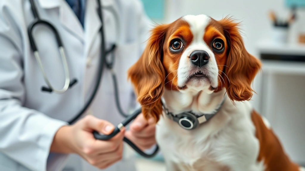 Veterinarian examining Cavalier King Charles Spaniel parent dog, health screening documentation visible, stethoscope and medical equipment, professional clinical setting