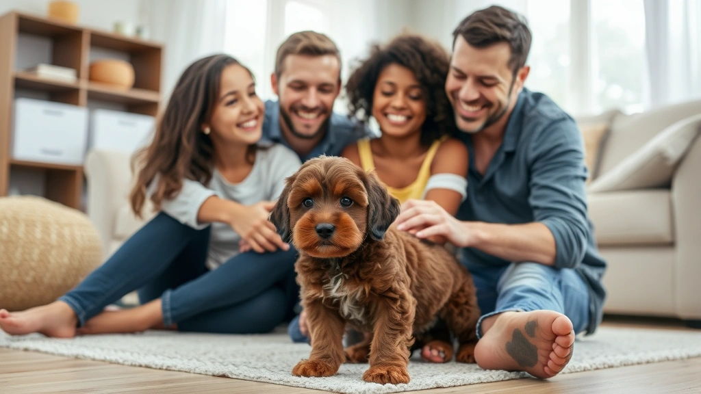 Happy family with Cavapoo puppy in home environment, playing together on living room floor, natural daylight, authentic joyful moment capturing successful adoption