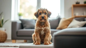Professional cavapoo puppy sitting in modern home setting with natural lighting, soft furnishings visible in background, puppy alert and healthy-looking