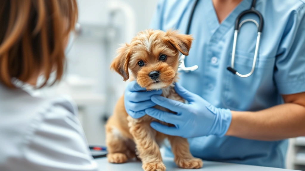 Veterinarian performing health examination on cavapoo puppy in clean clinical environment, stethoscope visible, professional medical setting