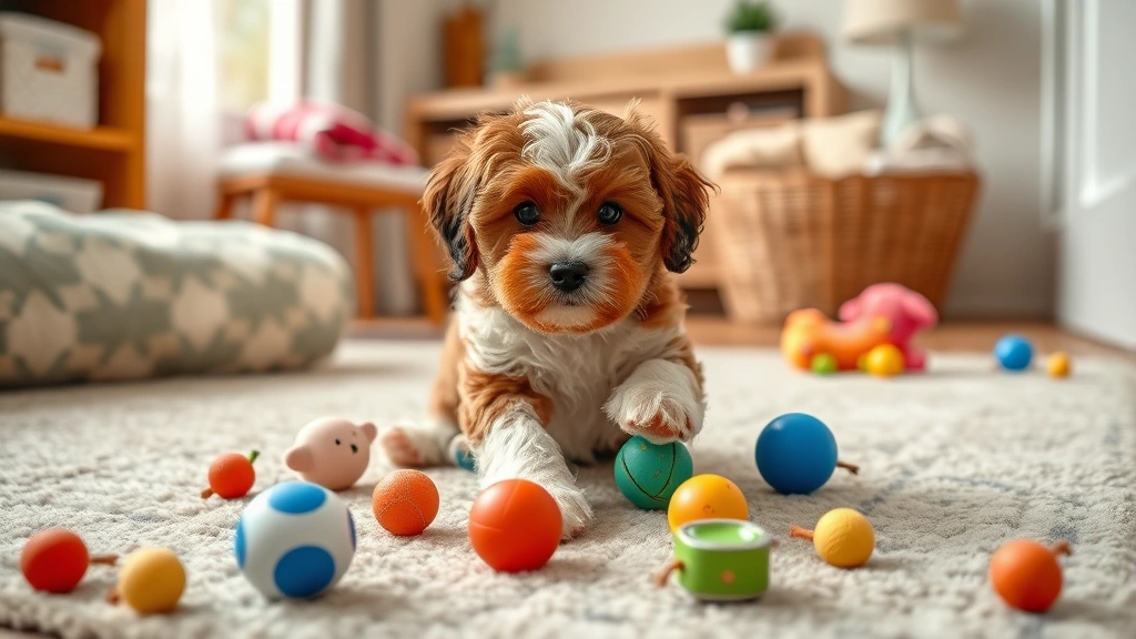 Cavapoo puppy playing with toys in well-prepared home space with puppy-safe bedding, toys scattered, comfortable and secure environment