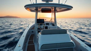 Professional product photography of a luxury center console boat on calm blue ocean water during golden hour, showing the helm station and open deck design with modern navigation equipment, photorealistic coastal setting
