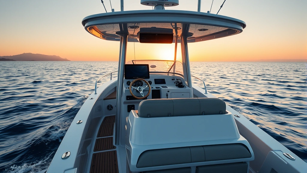 Professional product photography of a luxury center console boat on calm blue ocean water during golden hour, showing the helm station and open deck design with modern navigation equipment, photorealistic coastal setting