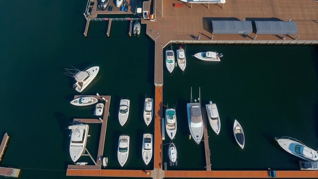 Overhead aerial view of multiple center console boats moored at a modern marina facility, showcasing various sizes and models lined up at wooden docks with professional lighting and clear blue sky