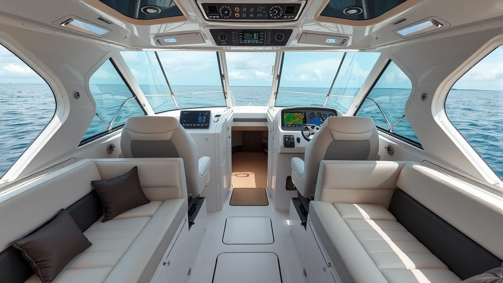 Interior cabin view of a premium center console boat showing comfortable seating, advanced marine electronics dashboard with GPS and radar displays, premium upholstery and modern boat interior design