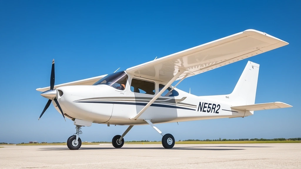 Professional photograph of Cessna 182 Skylane aircraft parked at general aviation airport, showing sleek white fuselage with distinctive high-wing configuration and fully retracted landing gear, clear blue sky background, natural daylight lighting, no signage or text visible