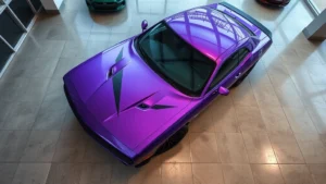 Overhead view of a 2023 Dodge Challenger R/T in metallic purple parked in a modern dealership showroom with polished concrete floors, professional lighting highlighting the vehicle's muscular lines and distinctive hood, no signage or text visible