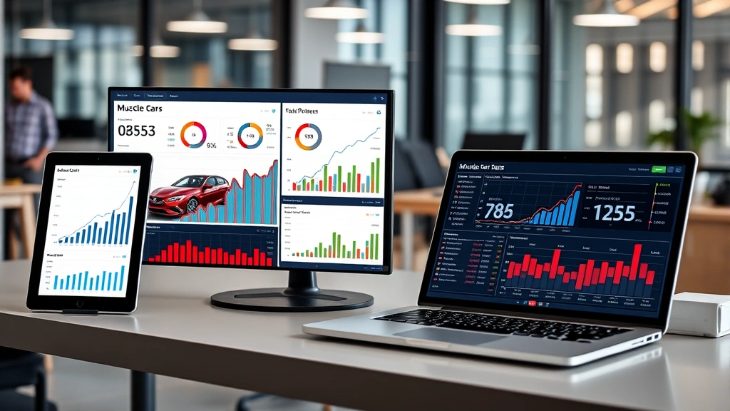 Professional photograph of automotive market data dashboard displayed on tablet and laptop screens showing sales charts, pricing trends, and inventory analytics for muscle car segment in 2023, business office environment