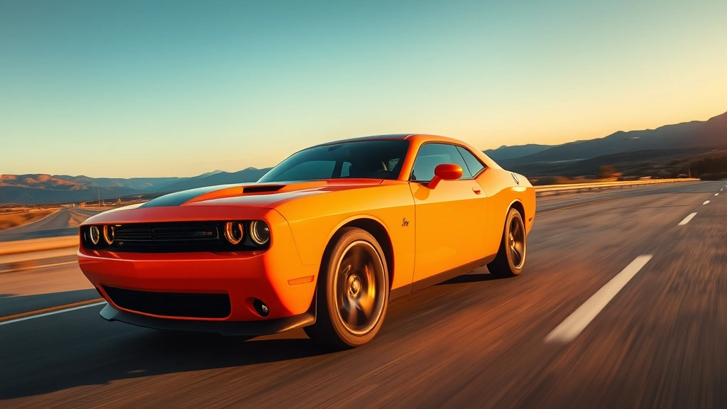 Dynamic action shot of a Dodge Challenger R/T in vibrant color driving on an open highway during golden hour, motion-blurred background emphasizing speed and performance, clear weather conditions, no text or signage