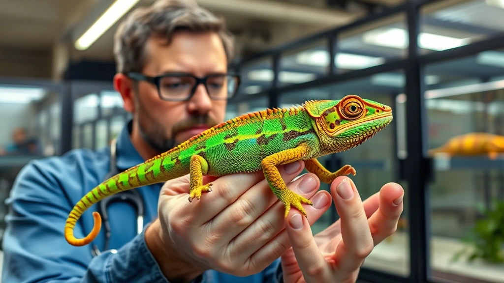 Professional reptile breeder examining a vibrant veiled chameleon in hands, modern facility with temperature-controlled enclosures visible in background, natural lighting highlighting the animal's color details