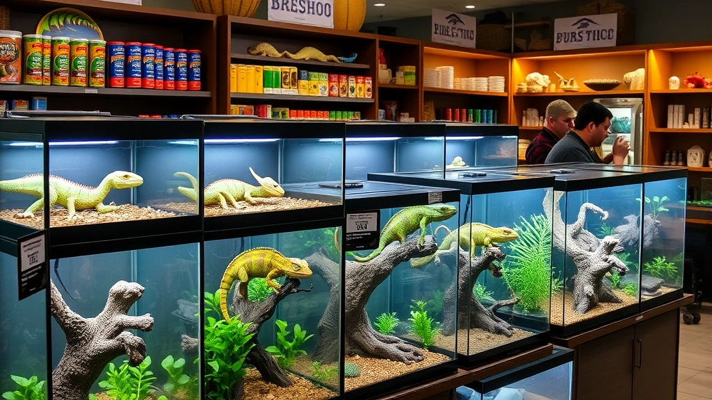 Well-organized exotic pet retail display with multiple climate-controlled terrariums containing different chameleon species, professional shelving with feeding supplies and care products, customer browsing in background