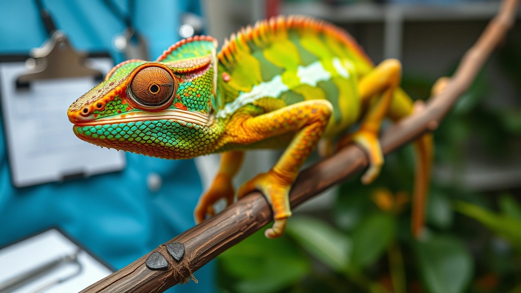 Close-up of a healthy panther chameleon on a natural branch, showing vibrant coloration and alert posture, professional veterinary or breeding facility setting, documentation clipboard visible nearby
