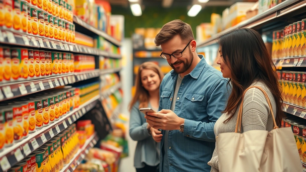 Family grocery shopping scene at supermarket aisle with various pasta cans on shelves, customer comparing prices on phone, warm natural lighting, diverse products visible