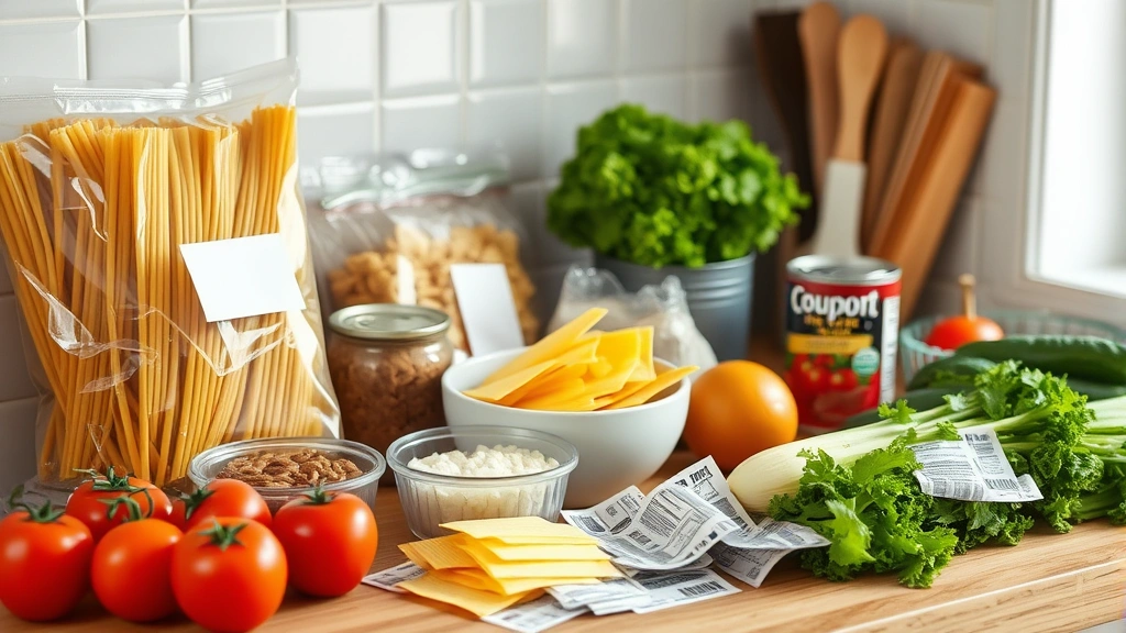 Budget-conscious meal preparation workspace showing dried pasta, canned tomato sauce, and fresh ingredients alongside price tags and coupon clippings, organized kitchen counter