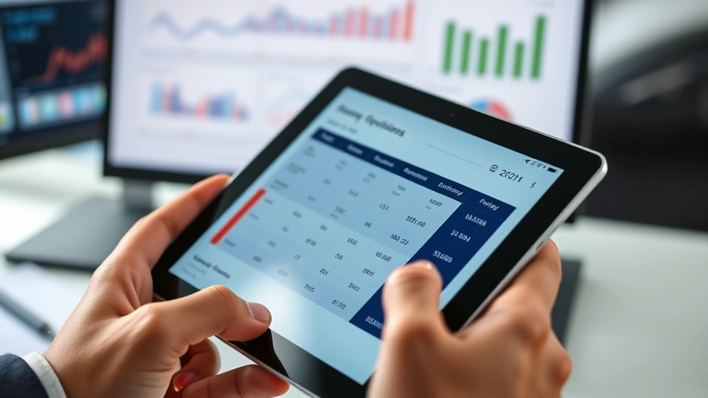 Close-up of hands holding tablet displaying automotive pricing comparison charts and vehicle specifications, professional business setting with charts and data analysis visible on screen