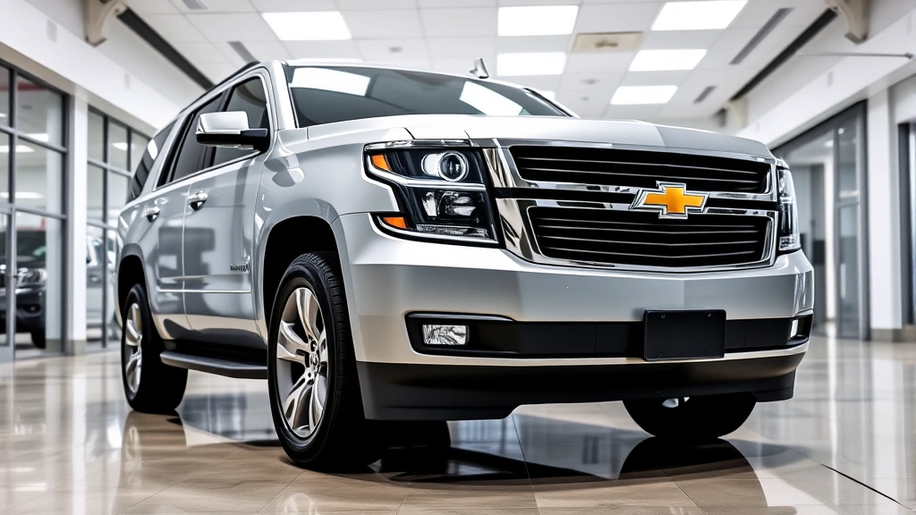Professional photograph of a silver Chevrolet Tahoe full-size SUV parked in a modern dealership showroom with polished concrete floors and bright overhead lighting, three-quarter front view showing the distinctive grille and LED headlights