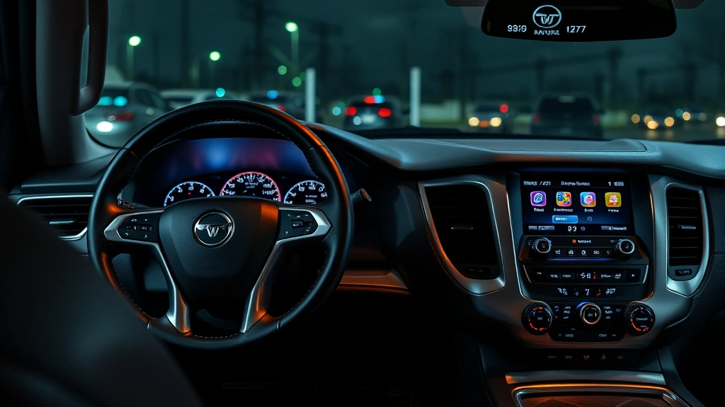Close-up automotive photography of Tahoe dashboard and interior cabin showing leather steering wheel, modern digital instrument cluster, touchscreen infotainment system, and ambient lighting reflecting premium interior quality