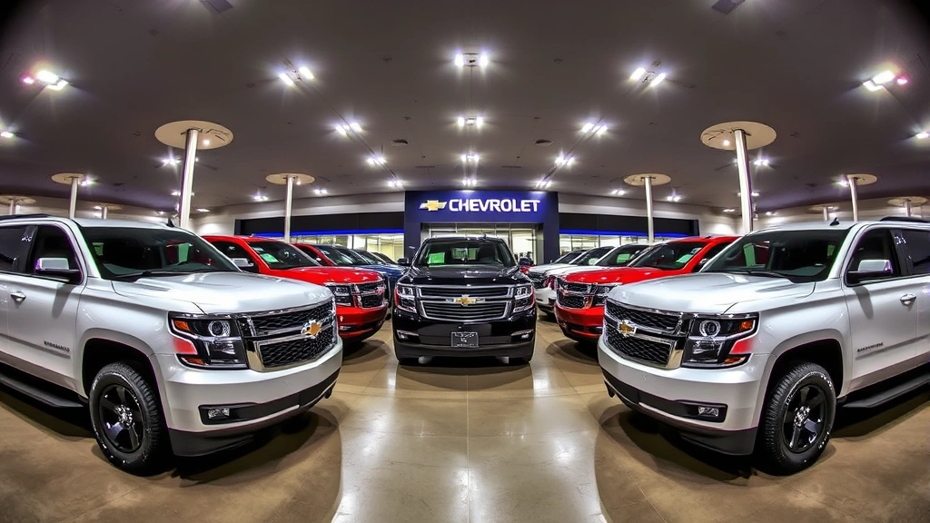 Wide-angle dealership lot photograph displaying multiple Chevrolet Tahoes in various colors arranged in rows with professional lighting, representing inventory selection and purchasing options available to consumers