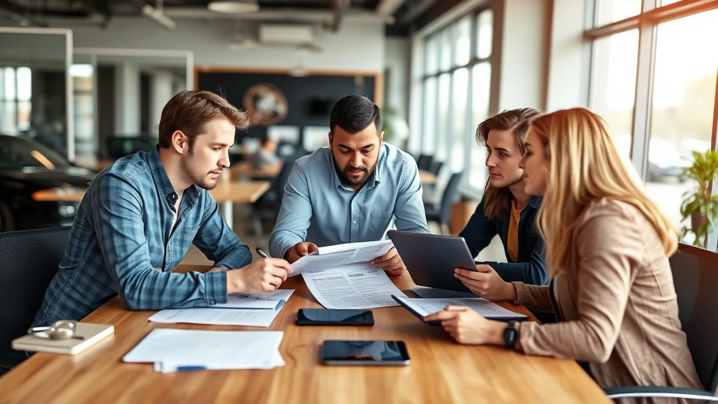 Diverse group reviewing vehicle documentation and pricing reports at table with laptops and tablets, discussing automotive purchase strategy, modern office setting, collaborative atmosphere