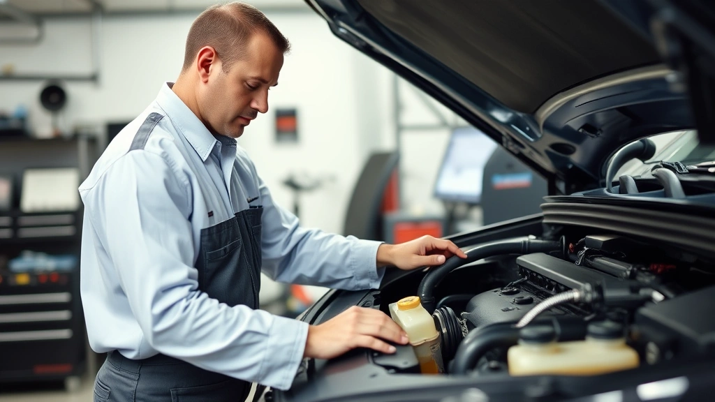 Certified mechanic performing detailed vehicle inspection under hood, checking engine components and fluid levels, professional garage environment, diagnostic equipment visible