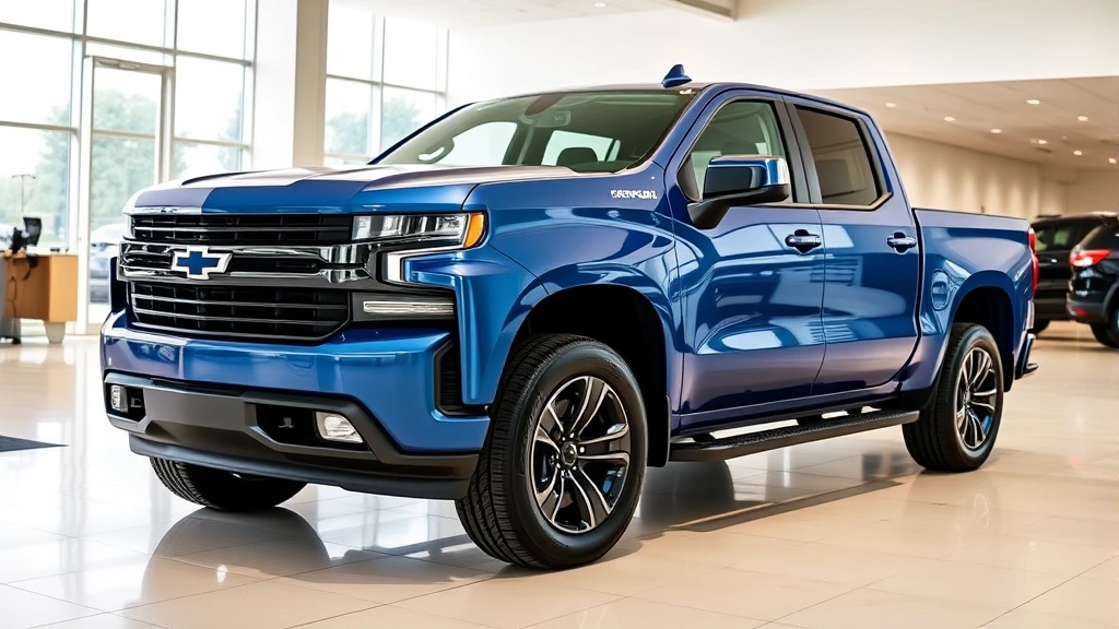 Professional photograph of a 2023 Chevrolet Silverado 1500 RST in metallic blue parked in a modern dealership showroom with bright lighting, clean floors, and contemporary architecture visible in background. Truck positioned at three-quarter angle showing front and side profile, professional and polished appearance.