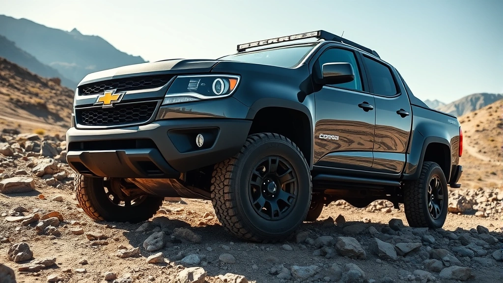 Wide-angle photograph of a Chevrolet Colorado ZR2 positioned on rocky terrain during daytime, showcasing all-terrain capabilities with underbody clearance visible. Natural landscape background with mountains or hills, truck muddy and rugged-looking, demonstrating off-road prowess and adventure positioning.