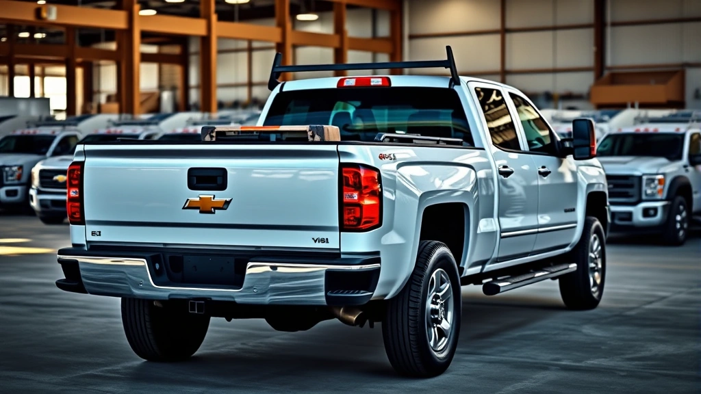 Business-focused photograph showing a Silverado 3500HD diesel truck in a commercial fleet setting, with multiple identical trucks lined up in background at a construction or fleet facility. Truck bed equipped with work-related equipment, professional industrial environment, natural daylight.