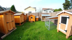 Wide-angle shot of multiple wooden and plastic chicken coops arranged in a suburban backyard setting with green grass, fencing visible, natural daylight, no signage or text