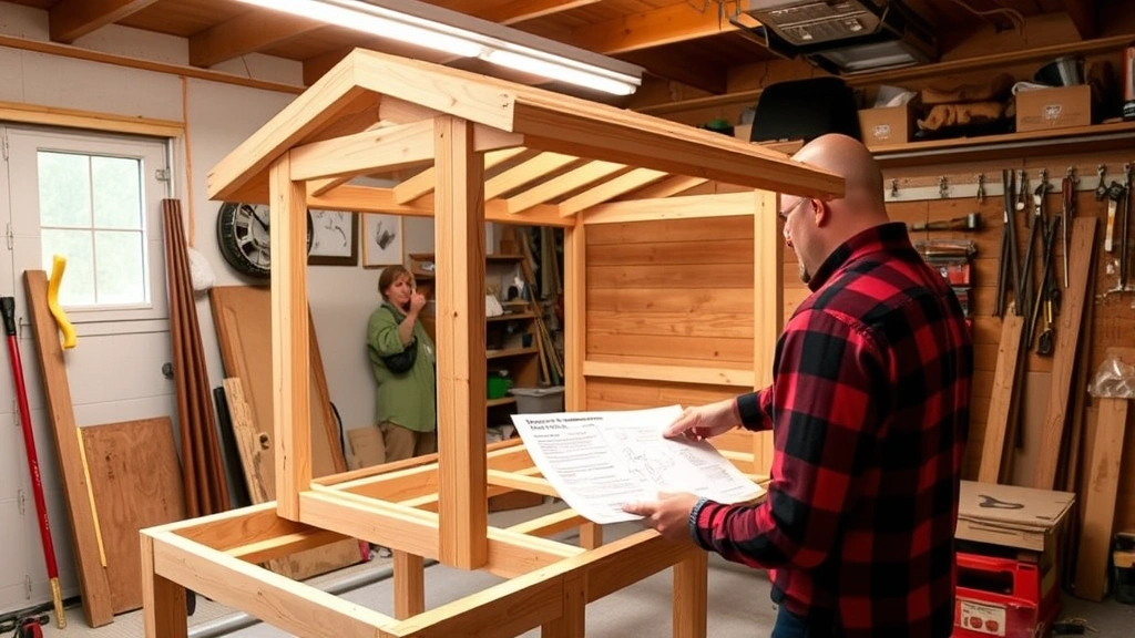 Customer unboxing and assembling a flat-pack chicken coop in a garage workshop, showing instruction manual and tools, hands visible working on wooden frame, bright overhead lighting
