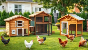 Photorealistic backyard scene showing three different wooden and metal chicken coops arranged on grass with healthy chickens foraging nearby, bright daylight, suburban home in soft-focus background, professional product photography style