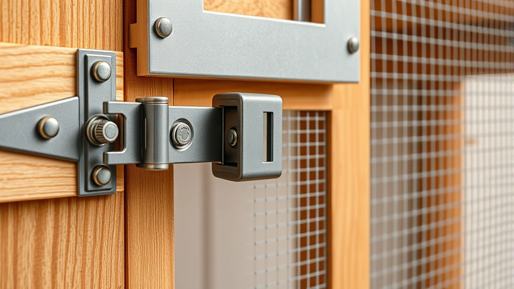 Close-up photorealistic detail shot of premium chicken coop hardware components including reinforced metal locks, hinges, ventilation grilles, and predator-resistant mesh screening, studio lighting on neutral background