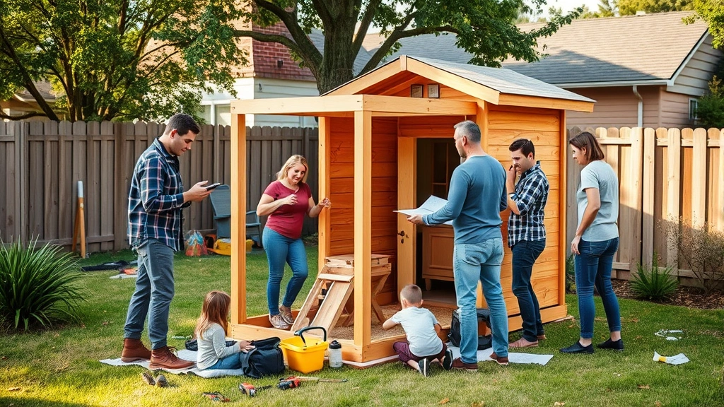 Photorealistic image of family assembling and installing a chicken coop in suburban backyard, tools and instruction manual visible, multiple people collaborating, afternoon natural lighting, authentic DIY scene