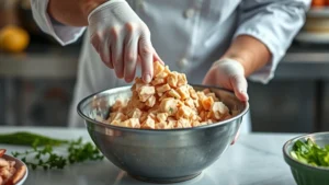 Professional chef carefully folding diced chicken into creamy mixture in stainless steel bowl, showing proper technique with fresh ingredients visible in soft natural kitchen lighting