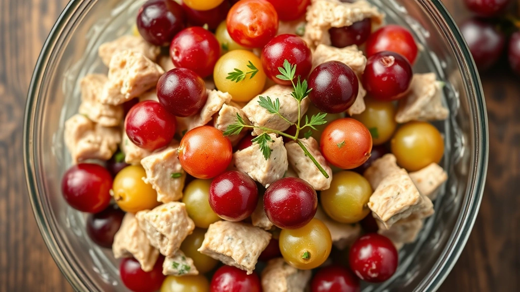Overhead view of vibrant chicken salad with grapes in glass serving bowl, red and green grapes visible throughout creamy base, fresh tarragon garnish, professional food photography styling
