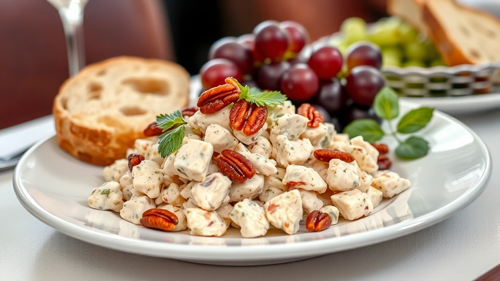 Elegant plated presentation of chicken salad with grapes on white ceramic plate, garnished with candied pecans and fresh herb leaves, served alongside crusty bread and fresh grapes, sophisticated restaurant setting