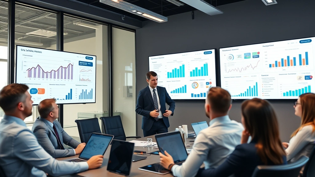 Professional executive in modern office conference room reviewing sales analytics on large digital displays, wearing business attire, surrounded by team members analyzing data visualizations and charts