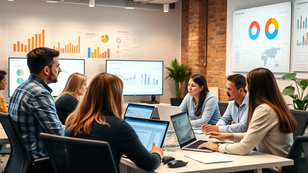 Diverse sales team in collaborative workspace with laptops and CRM software visible on screens, engaged in strategy discussion with charts and metrics on wall displays, professional atmosphere