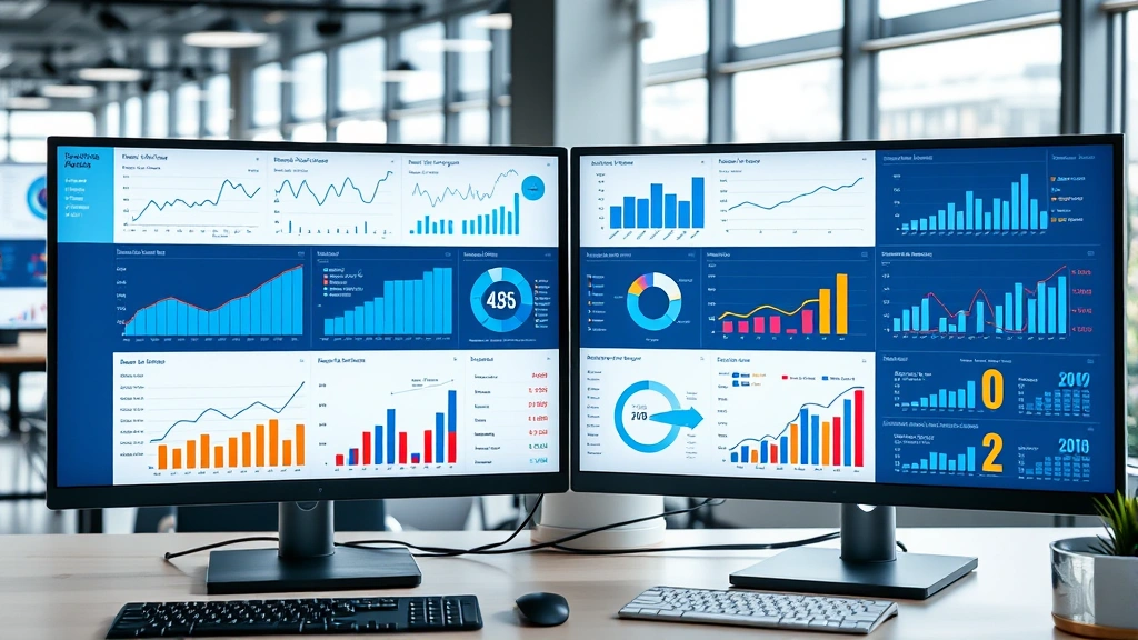 Data-driven business analytics dashboard on computer monitors showing sales metrics, revenue graphs, customer acquisition funnels, and performance KPIs in modern corporate environment