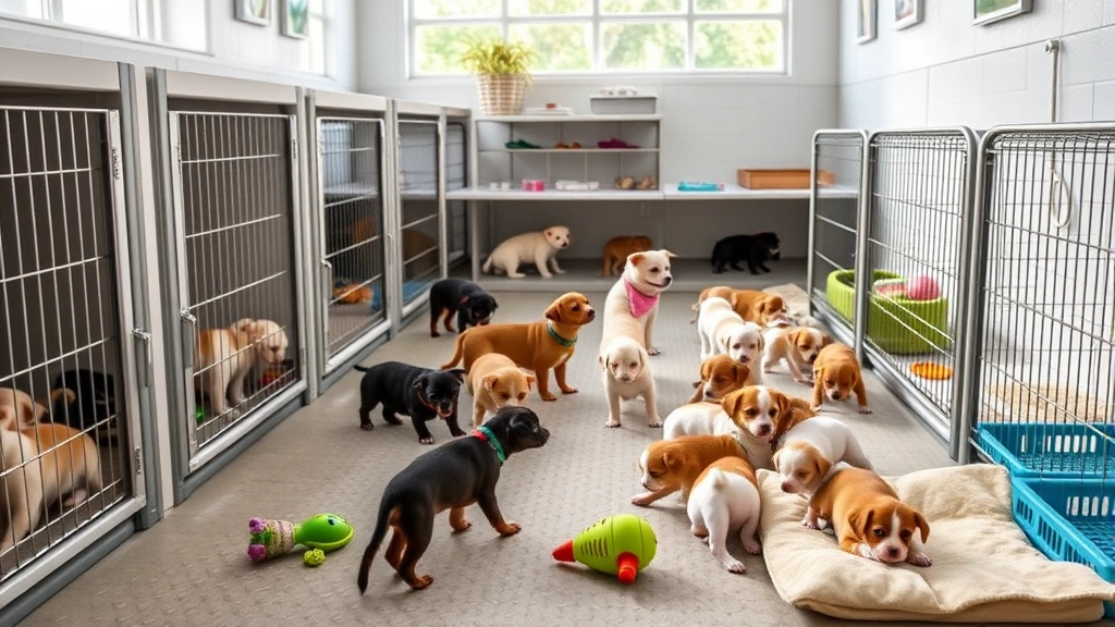 Professional chihuahua breeder facility with clean kennels, socialized puppies playing together, natural lighting showing healthy living environment with toys and comfortable bedding