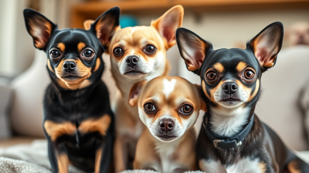 Close-up of chihuahua parent dogs displaying calm temperament and excellent breed conformation, sitting together in home setting, showing confidence and health