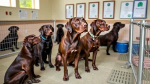 Professional chocolate Labrador breeder facility with clean indoor pen setup, adult dogs in background, veterinary certificates on wall, natural lighting, home-based operation aesthetic