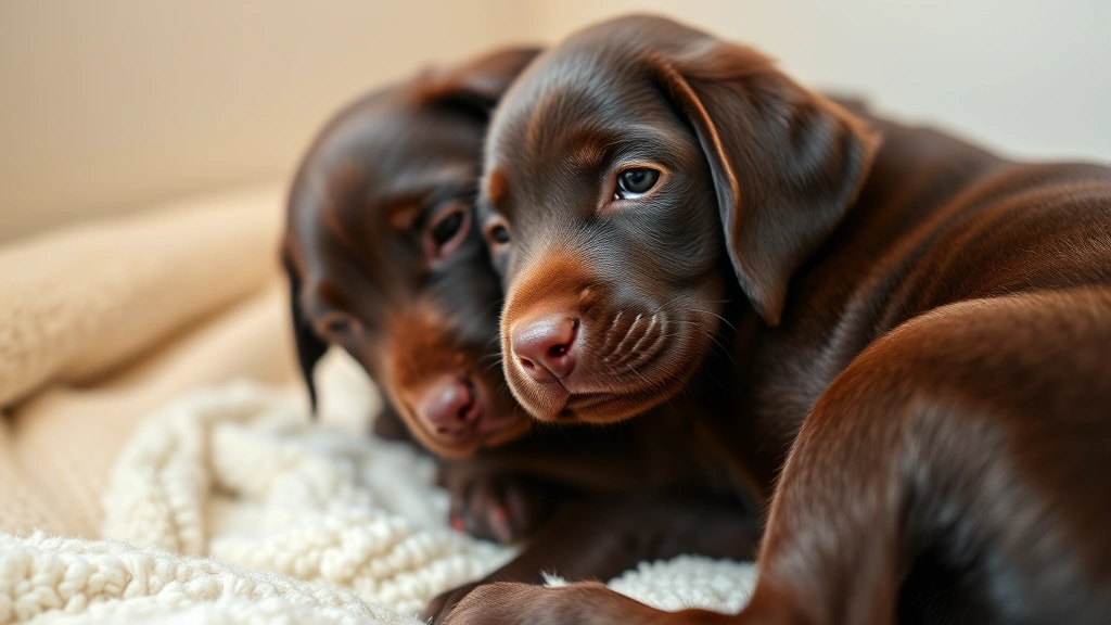Close-up of chocolate Lab puppy with mother in comfortable whelping area, soft bedding, warm lighting, showing healthy bonding interaction and clean environment
