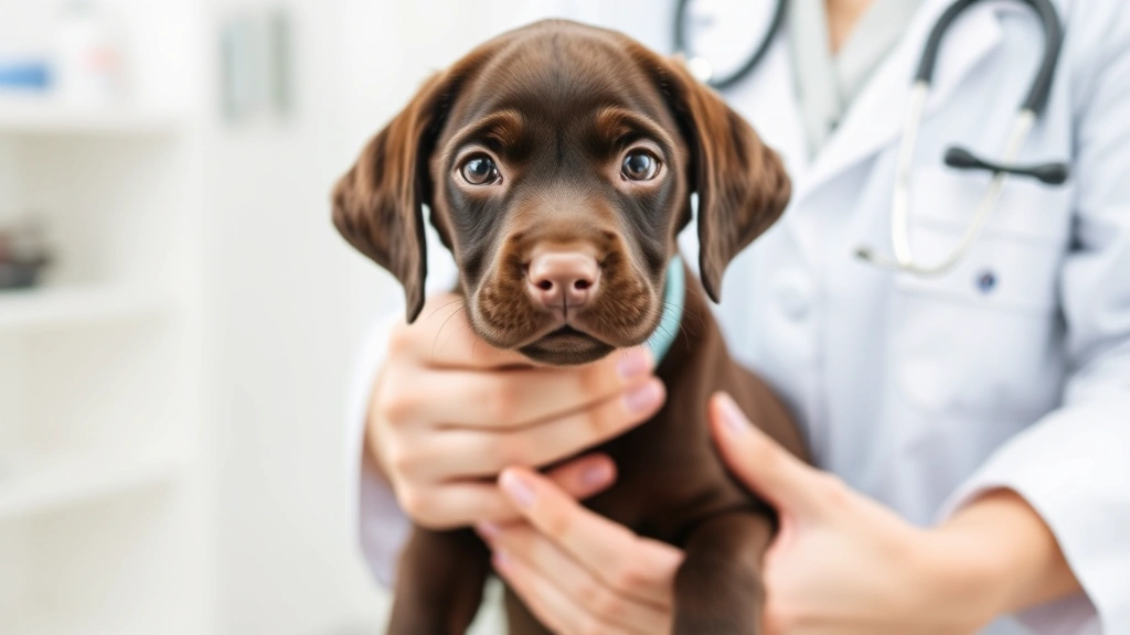 Chocolate Lab puppy receiving veterinary examination with stethoscope, veterinarian in white coat, health documentation visible, clinical setting, professional medical assessment