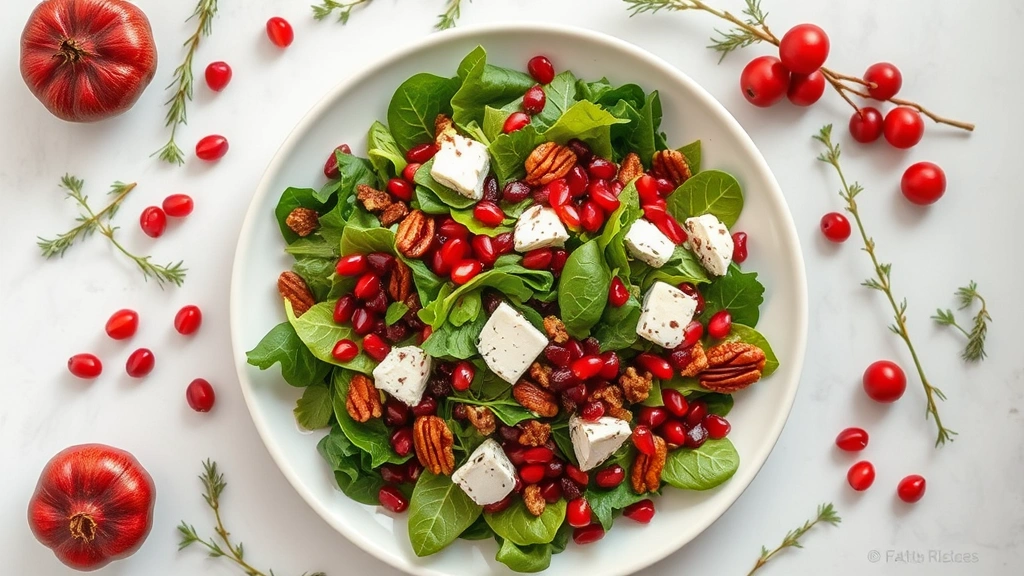 Overhead flat lay of vibrant Christmas salad with pomegranate seeds, candied pecans, mixed greens, and goat cheese on white ceramic plate with fresh herbs scattered artfully, natural window lighting, festive yet professional composition