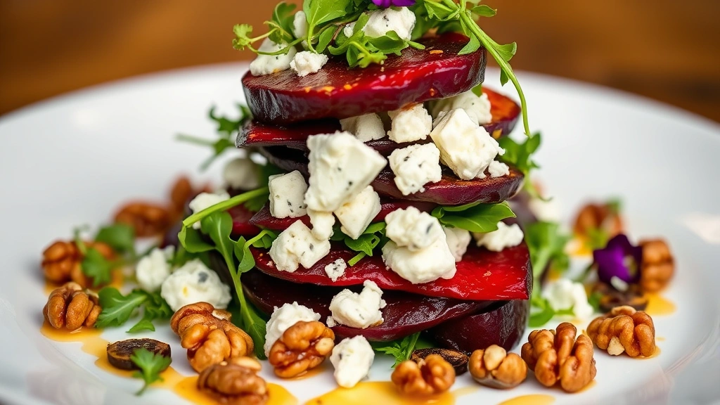Professional close-up of elegant plated composed salad featuring roasted beets, arugula, blue cheese crumbles, and candied walnuts stacked vertically on white plate, garnished with microgreens and edible flowers, warm studio lighting highlighting colors