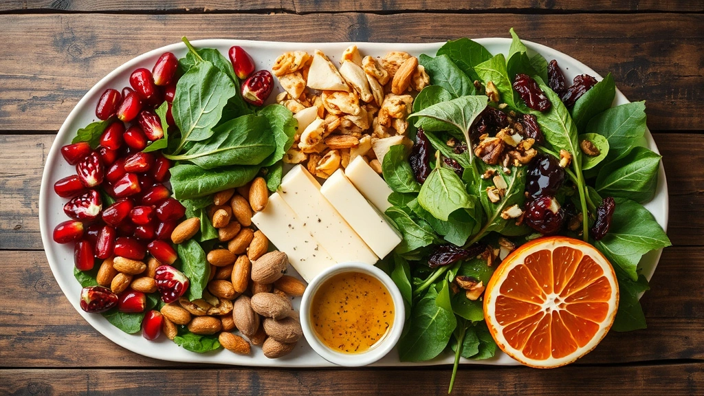 Styled food photography showing multiple Christmas salad ingredient components arranged separately: pomegranate halves, candied nuts, fresh mixed greens, aged cheese wedges, citrus segments, and small bowl of vinaigrette, rustic wooden surface, soft natural lighting