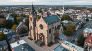 Aerial view of historic stone church building with distinctive architecture surrounded by urban development, professional real estate photography style