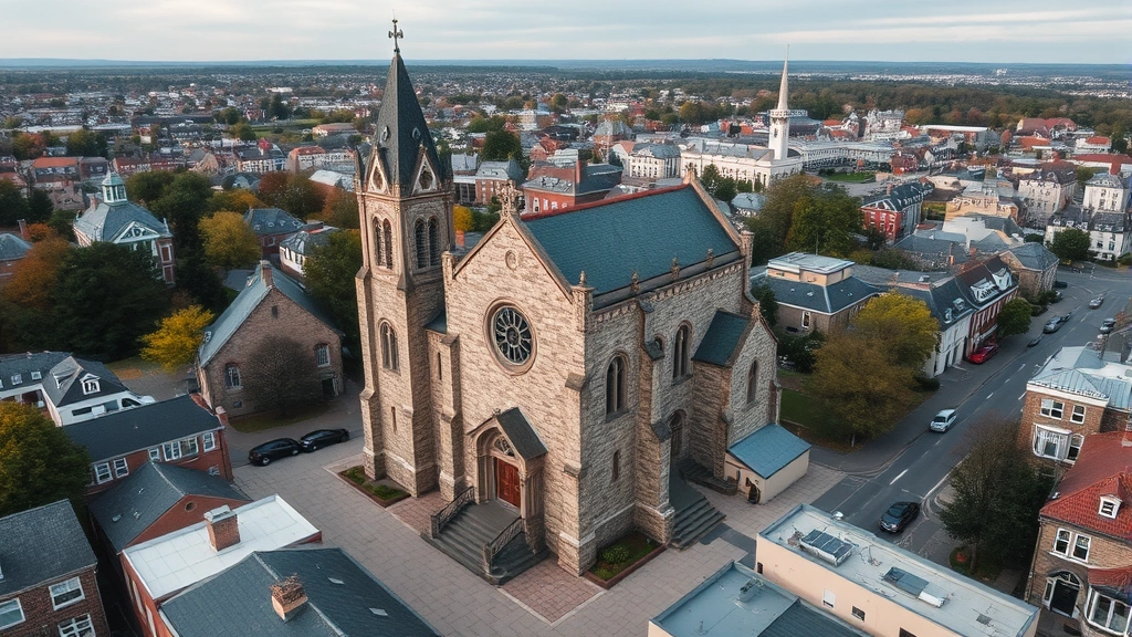 Aerial view of historic stone church building with distinctive architecture surrounded by urban development, professional real estate photography style