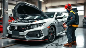 Professional automotive mechanic performing detailed inspection on a silver Honda Civic Type R in a well-lit service bay, using diagnostic equipment and checking mechanical components, wearing safety gear